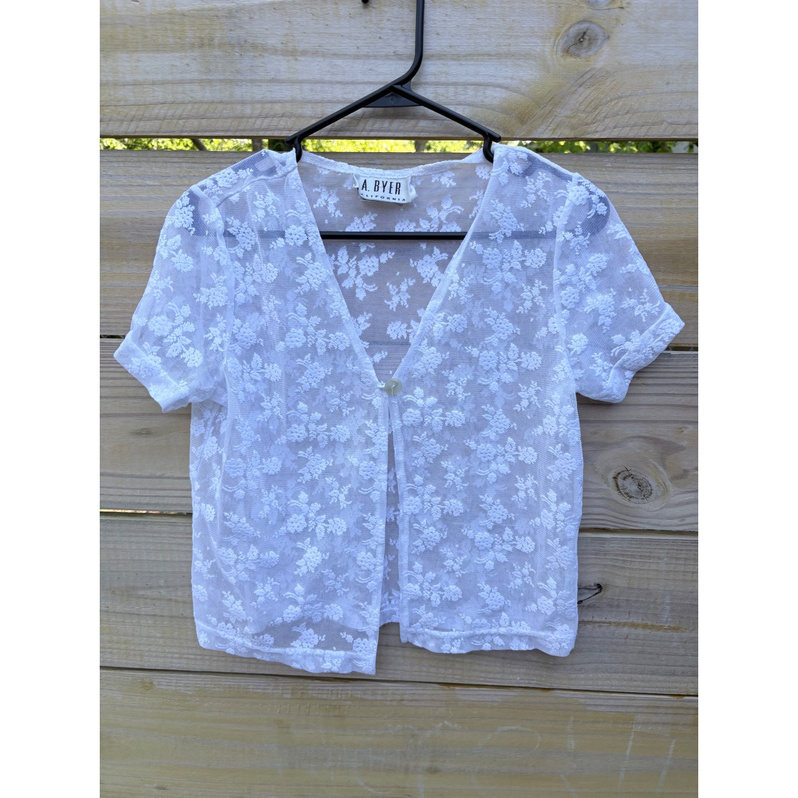 A. Byer California Vintage White Floral Lace Mesh Sheer Cardigan Blouse Size M